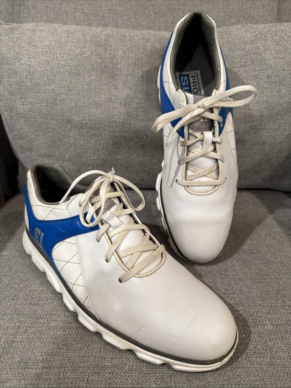 FootJoy Pro SL White Blue Leather Golf Shoes Mens Size 10.5M Small Spikes